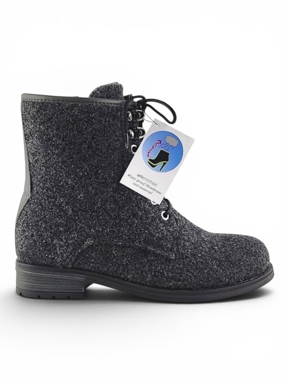 NWT Eric Michael Women's Caterina Waterproof Boots Wool‎ Felt Lace Up Grey 36